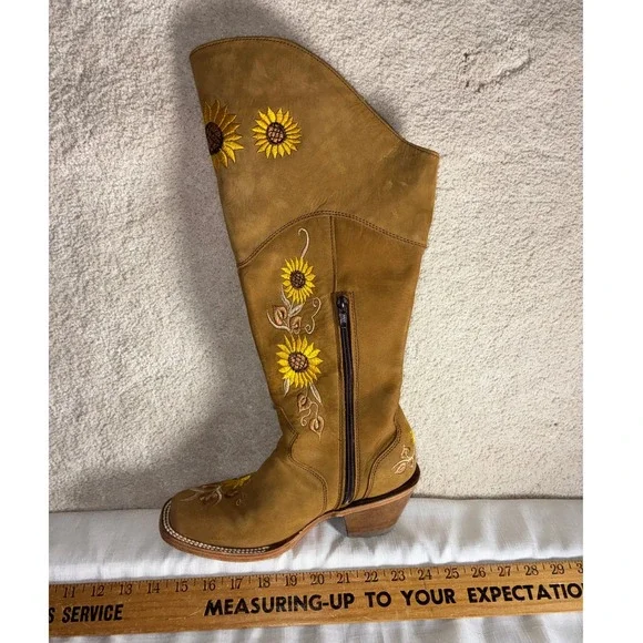 El General 1901 Sunflower Embroidered Tall Western Boots Tan Leather Womens 6 - Picture 12 of 13